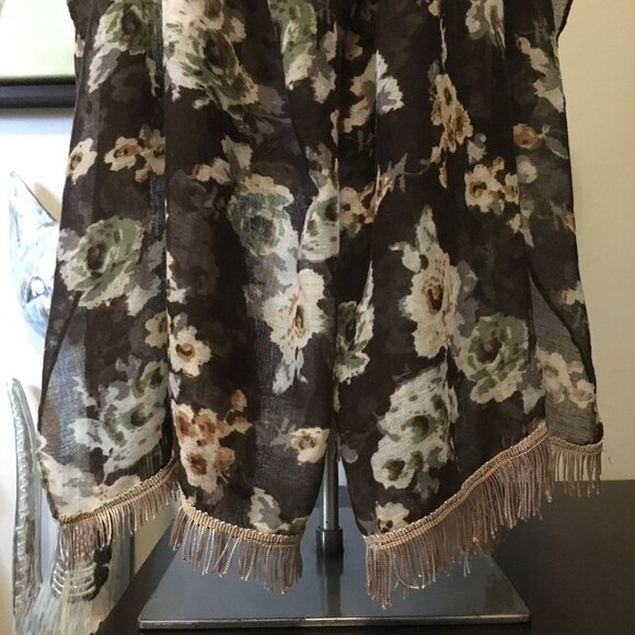 Large Voluminous Semi Sheer Tasseled Floral Scarf In Brown, Cream and Sage - Picture 6 of 14